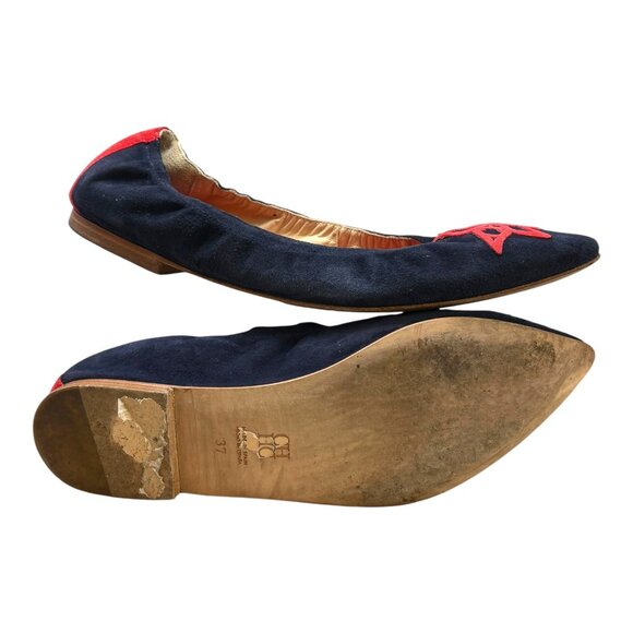 CAROLINA HERRERA Navy Blue Suede with Red Leather Pointy Ballet Flats - Picture 9 of 11
